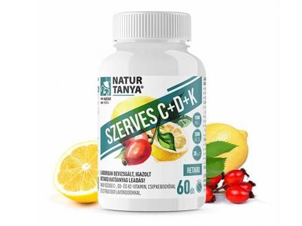 Natur Tanya® 1000 mg Retard C-vitamint, D3- és K2-vitaminokat, valamint csipkebogyó kivonatot és citrus bioflavonoidokat tartalmazó, szerves, nyújtott felszívódású tabletta